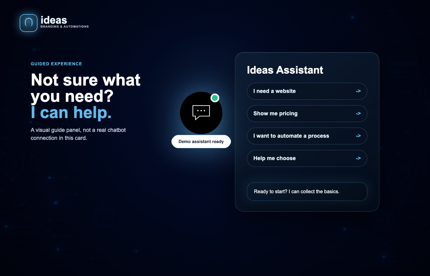 Ideas Assistant guide panel with service prompts