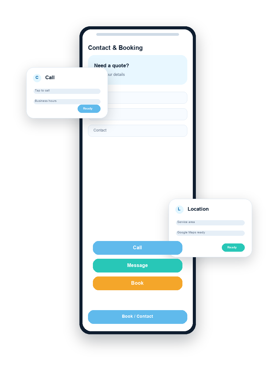 Mobile contact and booking website preview